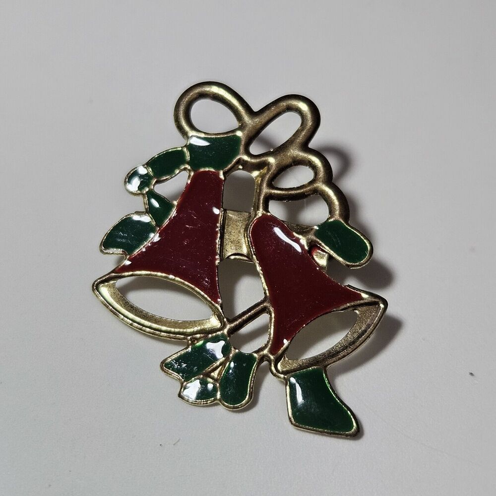 Gold Tone Vintage Red And Green Enamel Bell Brooch